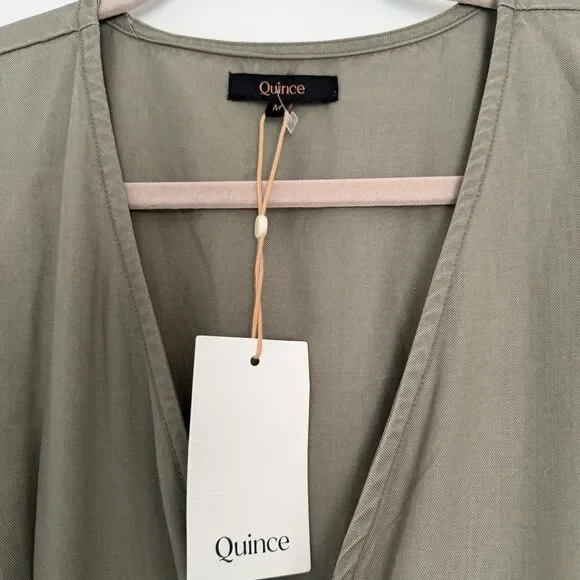 Quince Olive Green Tencel Button Front Dress Tie Waist V-Neck Short Sleeve M - Picture 4 of 7